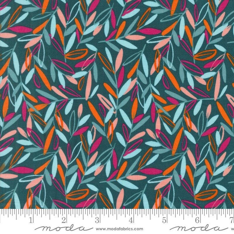 Image of the Things Above Leafscape Deep Sea quilting cotton fabric by Fancy That Design House for Moda Fabrics. Features leaves on a blue background. Cute Little Fabric Shop