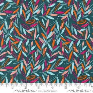 Image of the Things Above Leafscape Deep Sea quilting cotton fabric by Fancy That Design House for Moda Fabrics. Features leaves on a blue background. Cute Little Fabric Shop