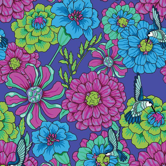 Image of the Wide Back Botanic Blast Carnations Purple quilting cotton fabric by Sew Yeah Quilting for Riley Blake Designs. Features large flowers on a purple background. 
Cute Little Fabric Shop