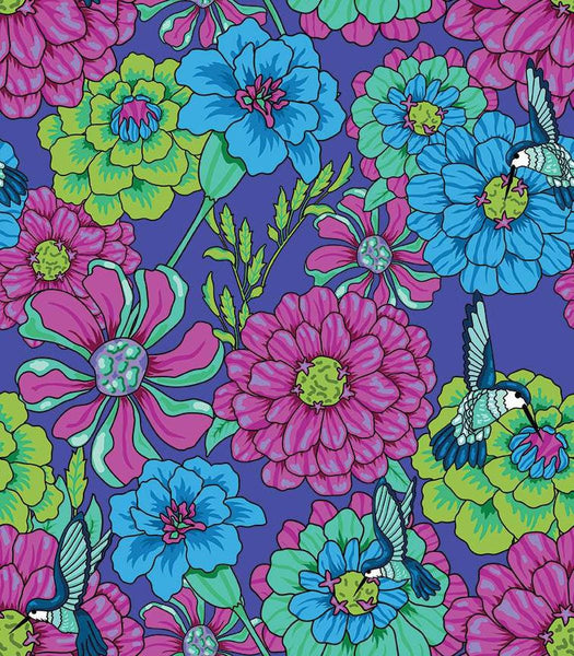 Image of the Wide Back Botanic Blast Carnations Purple quilting cotton fabric by Sew Yeah Quilting for Riley Blake Designs. Features large flowers on a purple background. 
Cute Little Fabric Shop