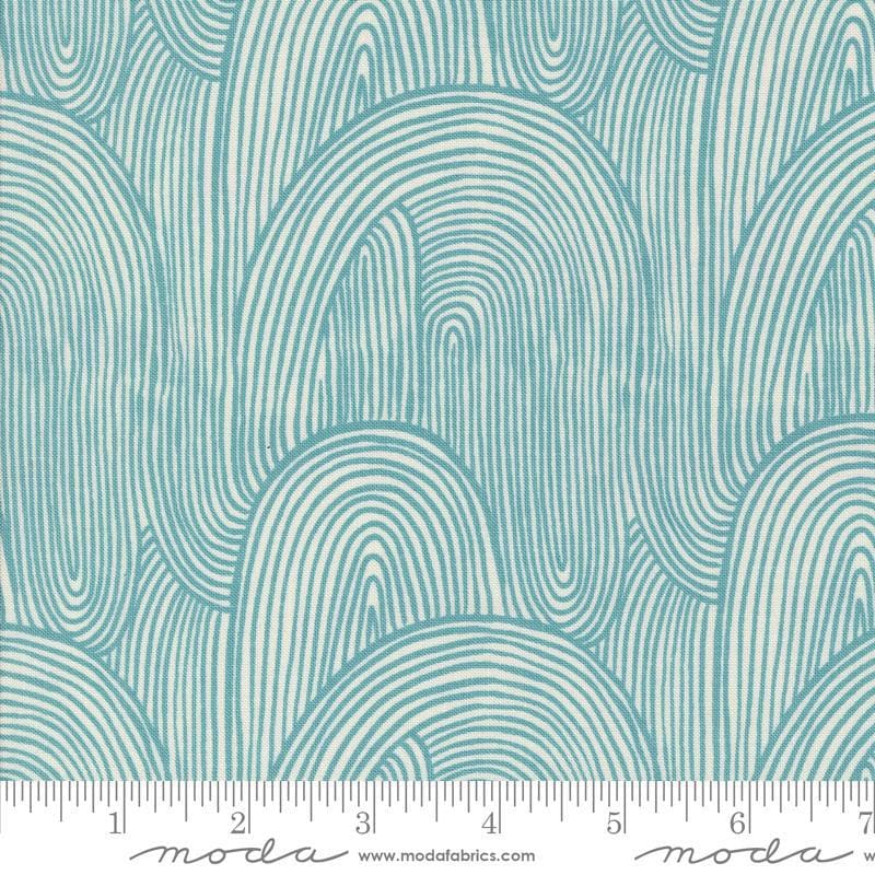Image of the Things Above Wavy Teal quilting cotton fabric by Fancy That Design House for Moda Fabrics. Features wavy lines on a blue background. Cute Little Fabric Shop