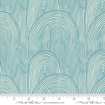 Image of the Things Above Wavy Teal quilting cotton fabric by Fancy That Design House for Moda Fabrics. Features wavy lines on a blue background. Cute Little Fabric Shop
