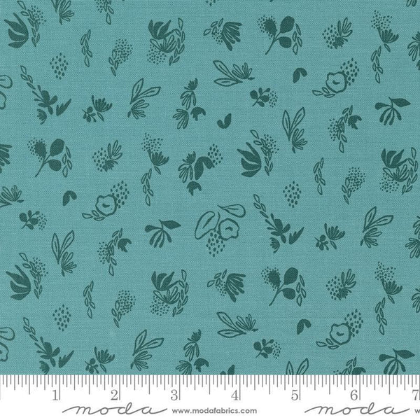 Image of the Things Above Sprinkles Teal quilting cotton fabric by Fancy That Design House for Moda Fabrics. Features flowers on a teal background. Cute Little Fabric Shop