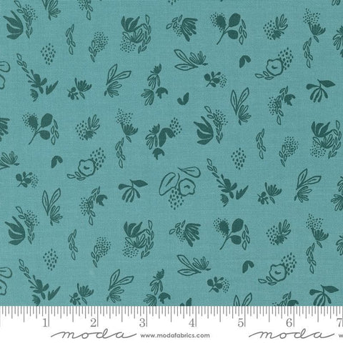 Image of the Things Above Sprinkles Teal quilting cotton fabric by Fancy That Design House for Moda Fabrics. Features flowers on a teal background. Cute Little Fabric Shop