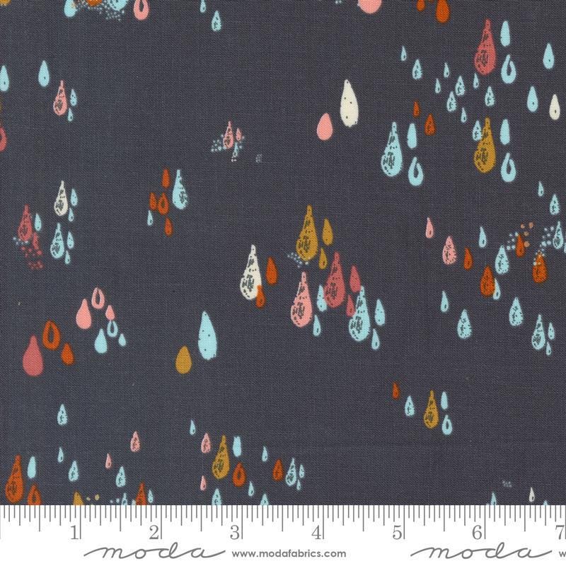 Image of the Things Above Drops Flint quilting cotton fabric by Fancy That Design House for Moda Fabrics. Features small drops on a brown background. Cute Little Fabric Shop