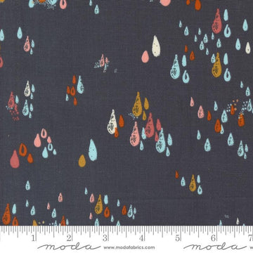 Image of the Things Above Drops Flint quilting cotton fabric by Fancy That Design House for Moda Fabrics. Features small drops on a brown background. Cute Little Fabric Shop