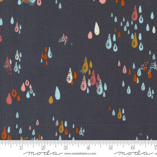 Image of the Things Above Drops Flint quilting cotton fabric by Fancy That Design House for Moda Fabrics. Features small drops on a brown background. Cute Little Fabric Shop