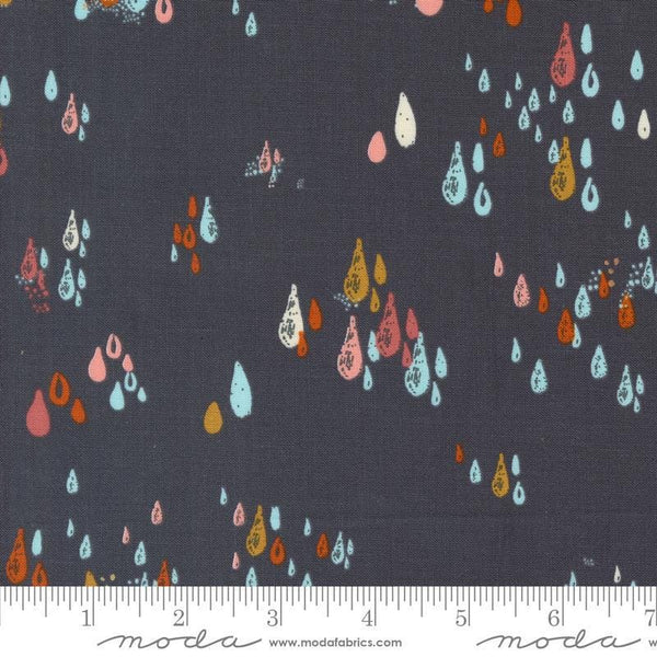 Image of the Things Above Drops Flint quilting cotton fabric by Fancy That Design House for Moda Fabrics. Features small drops on a brown background. Cute Little Fabric Shop