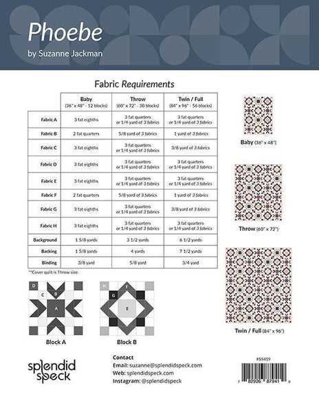 Image of the Phoebe quilt pattern by Splendid Speck for Riley Blake Designs. Features the fabric requirements.
Cute Little Fabric Shop