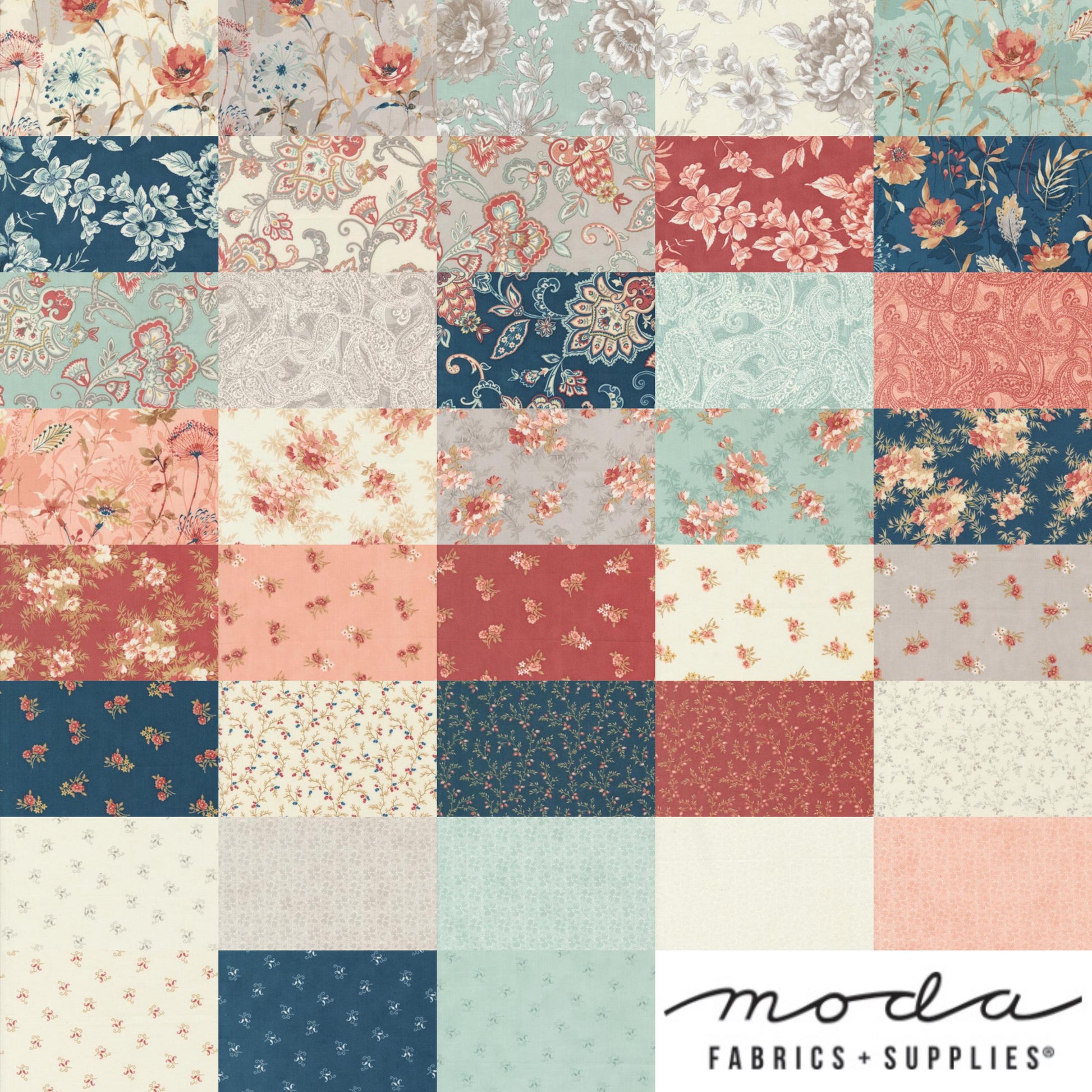 Image of the Sandalwood mini charm pack with quilting cotton fabric by Moda Fabrics. Features floral fabrics. 
Cute Little Fabric Shop