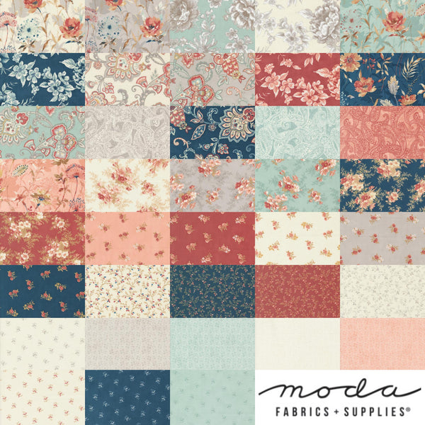 Image of the Sandalwood mini charm pack with quilting cotton fabric by Moda Fabrics. Features floral fabrics. 
Cute Little Fabric Shop