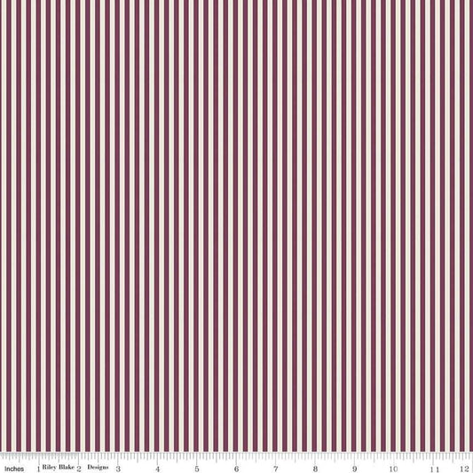 Image of the 1/8" Stripe on Ivory Sangria quilting cotton fabric by Riley Blake Designs. Features ivory and burgundy stripes. 
Cute Little Fabric Shop