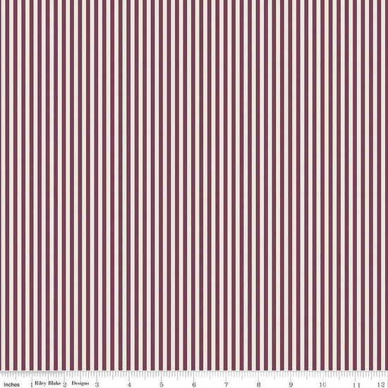Image of the 1/8" Stripe on Ivory Sangria quilting cotton fabric by Riley Blake Designs. Features ivory and burgundy stripes. 
Cute Little Fabric Shop