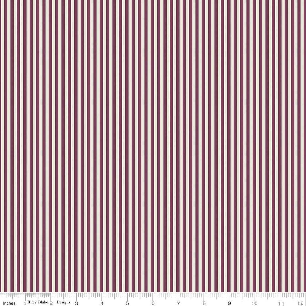 Image of the 1/8" Stripe on Ivory Sangria quilting cotton fabric by Riley Blake Designs. Features ivory and burgundy stripes. 
Cute Little Fabric Shop