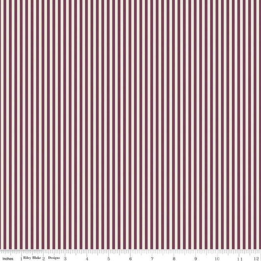 Image of the 1/8" Stripe on Ivory Sangria quilting cotton fabric by Riley Blake Designs. Features ivory and burgundy stripes. 
Cute Little Fabric Shop