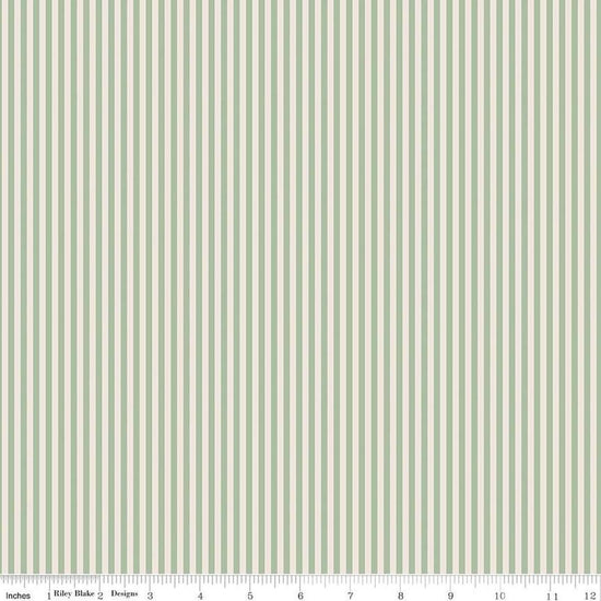 Image of the 1/8 Inch Stripe on Ivory Sage quilting cotton fabric by Riley Blake Designs. Features ivory and light green stripes. 
Cute Little Fabric Shop