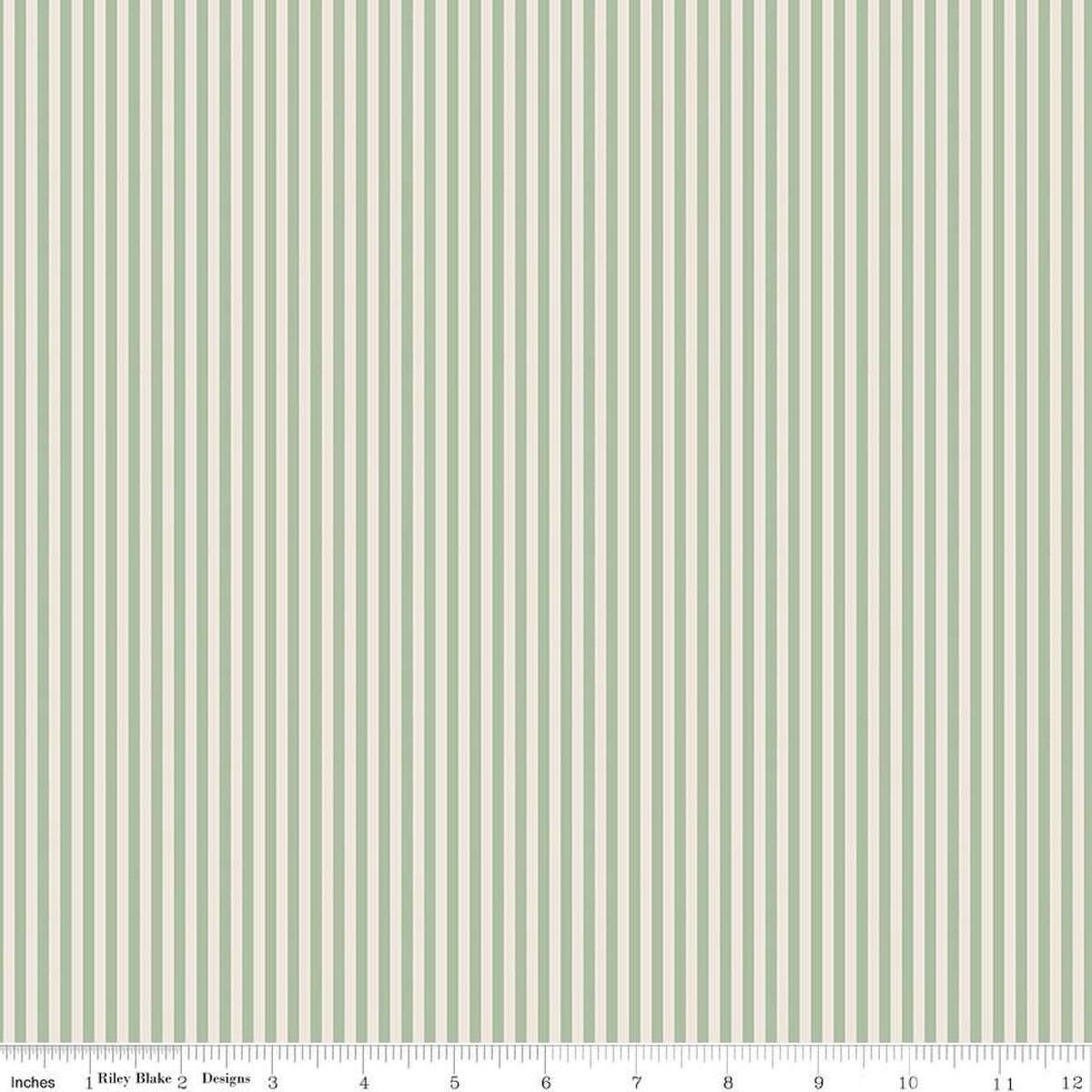 Image of the 1/8 Inch Stripe on Ivory Sage quilting cotton fabric by Riley Blake Designs. Features ivory and light green stripes. 
Cute Little Fabric Shop