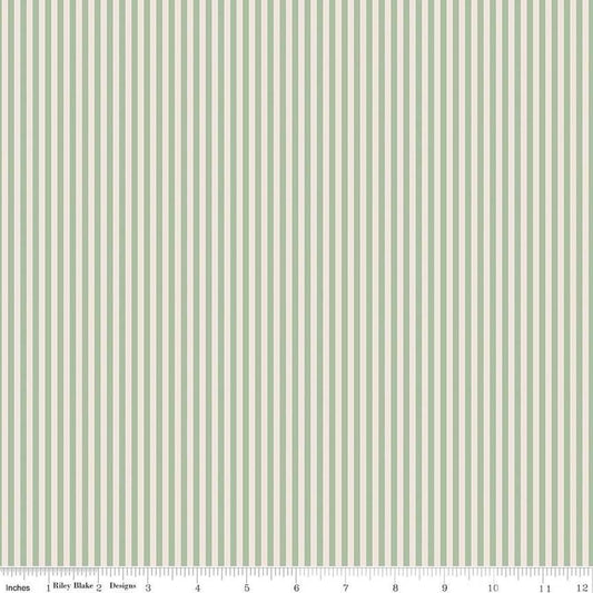 Image of the 1/8 Inch Stripe on Ivory Sage quilting cotton fabric by Riley Blake Designs. Features ivory and light green stripes. 
Cute Little Fabric Shop