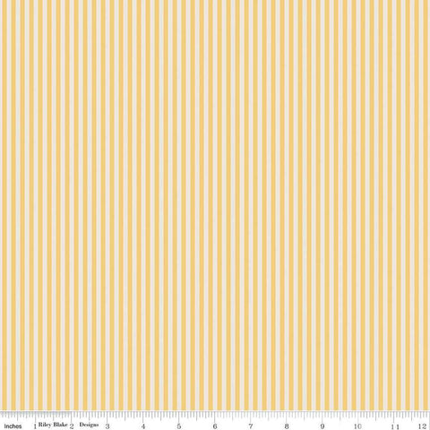 Image of the 1/8 Inch Stripe on Ivory Honey quilting cotton fabric by Riley Blake Designs. Features ivory and yellow stripes. 
Cute Little Fabric Shop