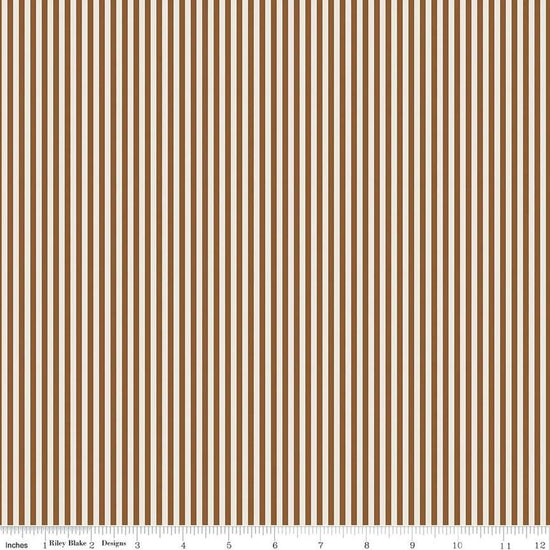 Image of the 1/8 Inch Stripe on Ivory Teddy Bear quilting cotton fabric by Riley Blake Designs. Features ivory and brown stripes. 
Cute Little Fabric Shop