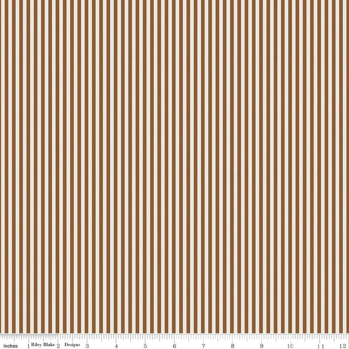 Image of the 1/8 Inch Stripe on Ivory Teddy Bear quilting cotton fabric by Riley Blake Designs. Features ivory and brown stripes. 
Cute Little Fabric Shop