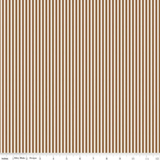 Image of the 1/8 Inch Stripe on Ivory Teddy Bear quilting cotton fabric by Riley Blake Designs. Features ivory and brown stripes. 
Cute Little Fabric Shop