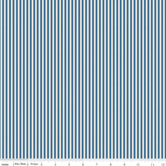 Image of the 1/8 Inch Stripe on Ivory Coastal Blue quilting cotton fabric by Riley Blake Designs. Features ivory and blue stripes. 
Cute Little Fabric Shop