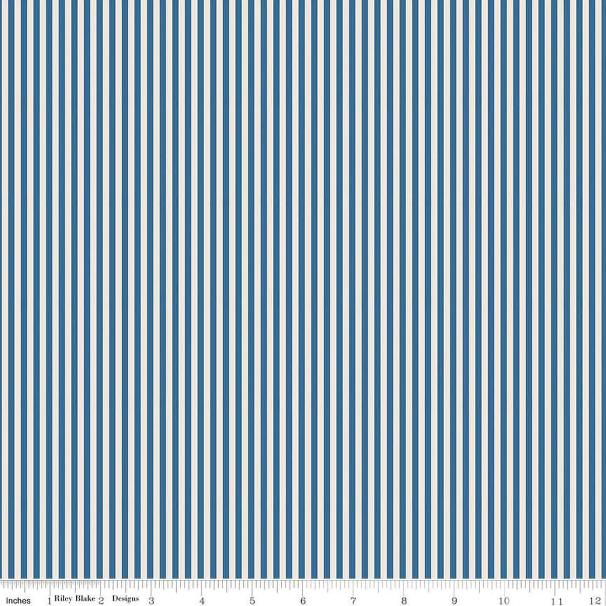 Image of the 1/8 Inch Stripe on Ivory Coastal Blue quilting cotton fabric by Riley Blake Designs. Features ivory and blue stripes. 
Cute Little Fabric Shop