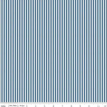 Image of the 1/8 Inch Stripe on Ivory Coastal Blue quilting cotton fabric by Riley Blake Designs. Features ivory and blue stripes. 
Cute Little Fabric Shop