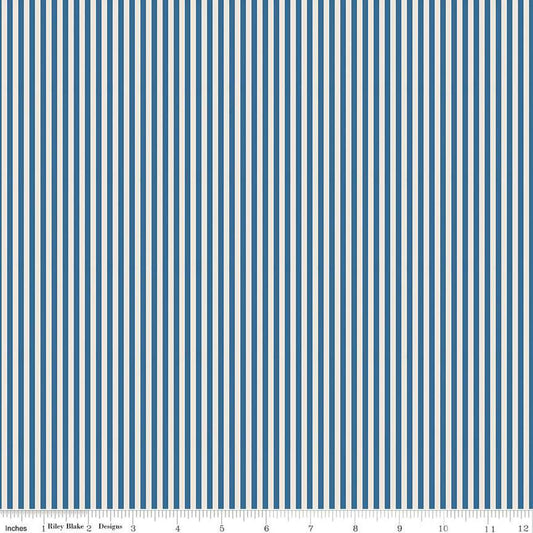 Image of the 1/8 Inch Stripe on Ivory Coastal Blue quilting cotton fabric by Riley Blake Designs. Features ivory and blue stripes. 
Cute Little Fabric Shop