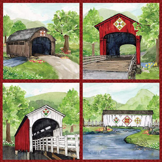 Image of the Covered Bridges in Spring Covered Bridges Pillow Panel quilting cotton fabric by Tara Reed for Riley Blake Designs. Features barns on pillow panels. 
Cute Little Fabric Shop