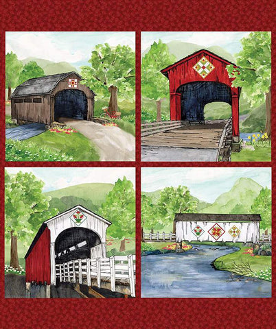 Image of the Covered Bridges in Spring Covered Bridges Pillow Panel quilting cotton fabric by Tara Reed for Riley Blake Designs. Features barns on pillow panels. 
Cute Little Fabric Shop