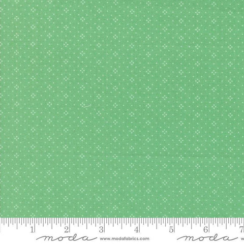 Image of the Portofino Eyelet Dots Azure quilting cotton fabric by Fig Tree Co for Riley Blake Designs. Features small circles on a green background. Cute Little Fabric Shop