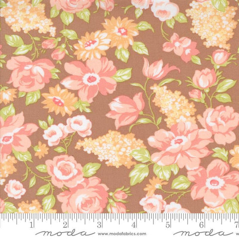 Image of the Portofino Florals Sienna quilting cotton fabric by Fig Tree Co for Riley Blake Designs. Features flowers on a brown background. Cute Little Fabric Shop