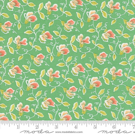 Image of the Portofino Sweet Pea Azure quilting cotton fabric by Fig Tree Co for Riley Blake Designs. Features flowers on a green background. Cute Little Fabric Shop