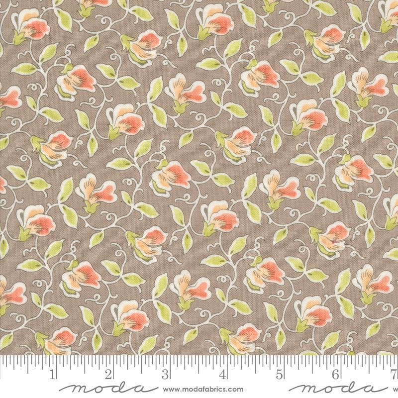Image of the Portofino Sweet Pea Cobblestones quilting cotton fabric by Fig Tree Co for Riley Blake Designs. Features flowers on a brown background. Cute Little Fabric Shop
