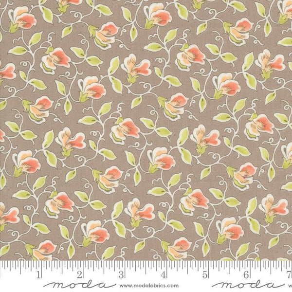 Image of the Portofino Sweet Pea Cobblestones quilting cotton fabric by Fig Tree Co for Riley Blake Designs. Features flowers on a brown background. Cute Little Fabric Shop