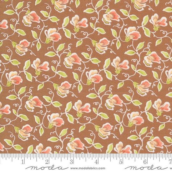 Image of the Portofino Sweet Pea Sienna quilting cotton fabric by Fig Tree Co for Riley Blake Designs. Features flowers on a brown background. Cute Little Fabric Shop