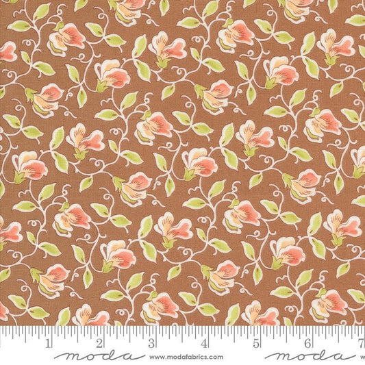 Image of the Portofino Sweet Pea Sienna quilting cotton fabric by Fig Tree Co for Riley Blake Designs. Features flowers on a brown background. Cute Little Fabric Shop