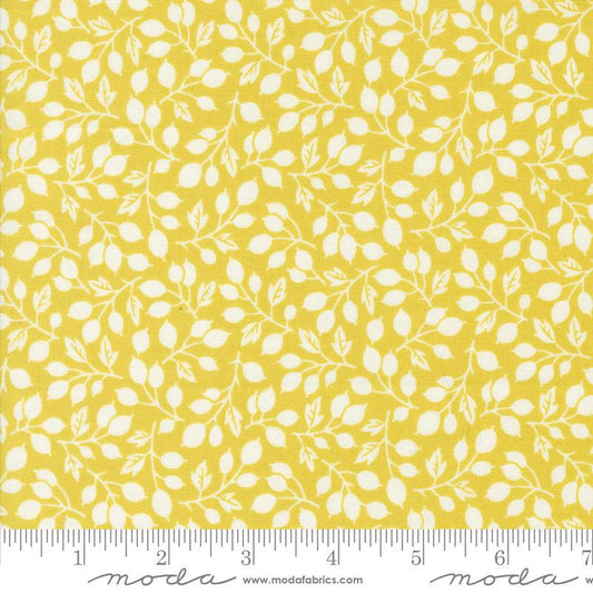 Image of the Portofino Branch Citron quilting cotton fabric by Fig Tree Co for Riley Blake Designs. Features vines on a yellow background. Cute Little Fabric Shop