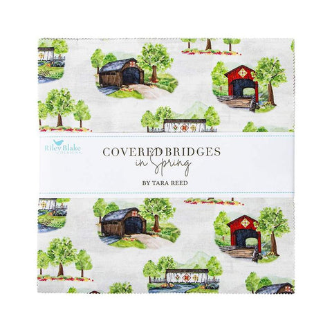 Image of the Covered Bridges in Spring 10 inch Stacker with quilting cotton fabric by Tara Reed for Riley Blake Designs. Features covered bridges on many backgrounds. 
Cute Little Fabric Shop