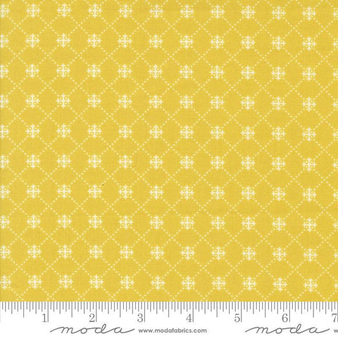 Image of the Portofino Crosses Citron quilting cotton fabric by Fig Tree Co for Riley Blake Designs. Features plaid lines on a yellow background. Cute Little Fabric Shop