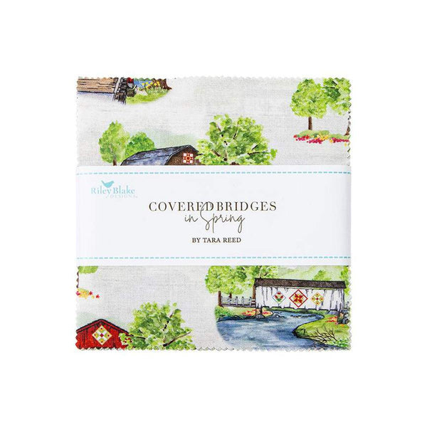 Image of the Covered Bridges in Spring 10 inch Stacker with quilting cotton fabric by Tara Reed for Riley Blake Designs. Features covered bridges on many backgrounds. 
Cute Little Fabric Shop