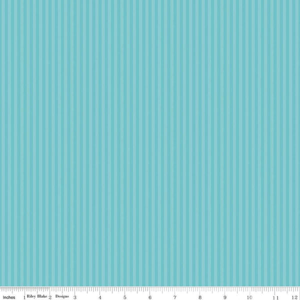 Image of the 1/8 Inch Tonal Stripe Peacock quilting cotton fabric by Riley Blake Designs. Features tone on tone blue stripes. 
Cute Little Fabric Shop