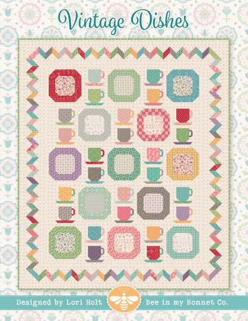 Image of the Vintage Dishes quilt kit by Lori Holt for Riley Blake Designs. Features vintage dishware on a quilt. 
Cute Little Fabric Shop