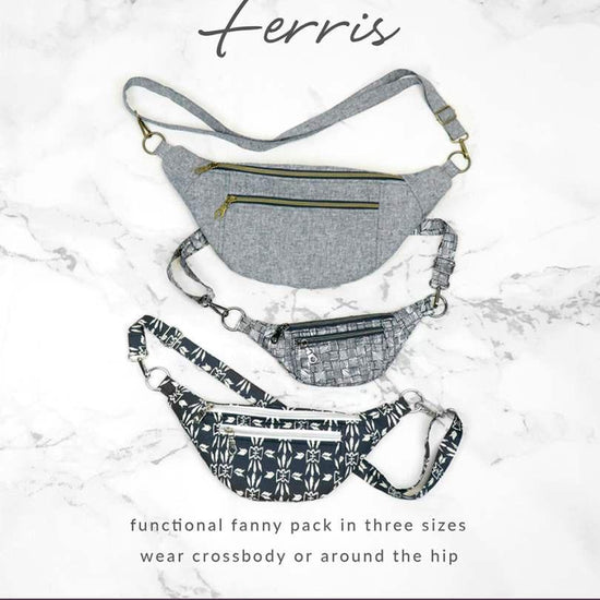 Image of the Ferris Bag Pattern by Sally Tomato for Riley Blake Designs. Features a fanny pack that can be fully customized in many colors. 
Cute Little Fabric Shop