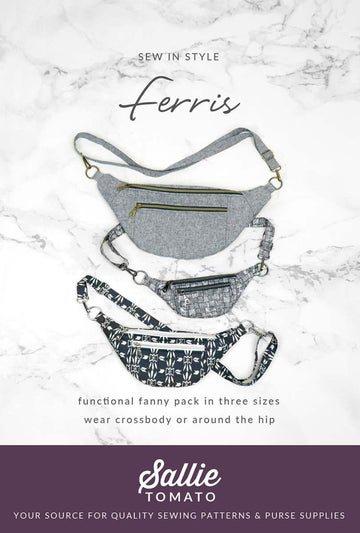 Image of the Ferris Bag Pattern by Sally Tomato for Riley Blake Designs. Features a fanny pack that can be fully customized in many colors. 
Cute Little Fabric Shop