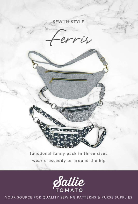 Image of the Ferris Bag Pattern by Sally Tomato for Riley Blake Designs. Features a fanny pack that can be fully customized in many colors. 
Cute Little Fabric Shop