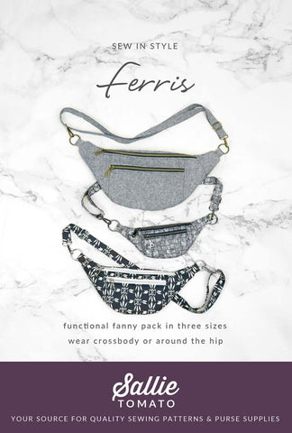 Image of the Ferris Bag Pattern by Sally Tomato for Riley Blake Designs. Features a fanny pack that can be fully customized in many colors. 
Cute Little Fabric Shop