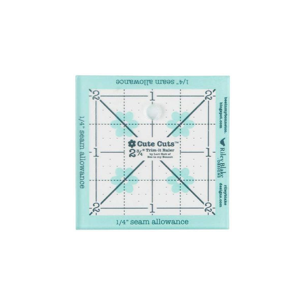 Image of the Cute Cuts™ Trim-it Ruler 2 3/4 inch x 2 3/4 inch by Lori Holt by Riley Blake Designs. Features a non-slip small plastic ruler. 
Cute Little Fabric Shop